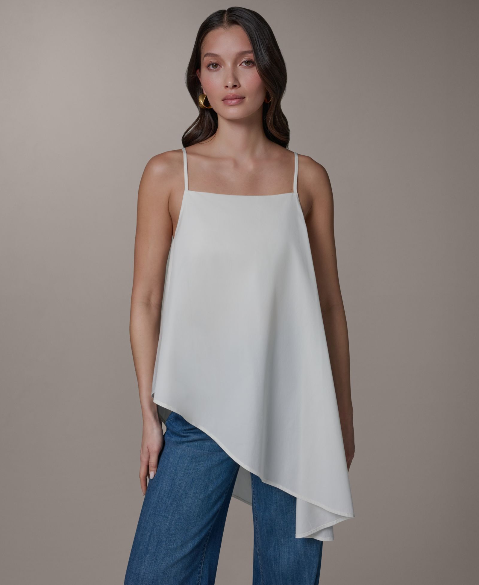 Donna Karan Weekend Women's Stretch Poplin Tie-Strap Cami Blouse with Asymmetrical Hem
