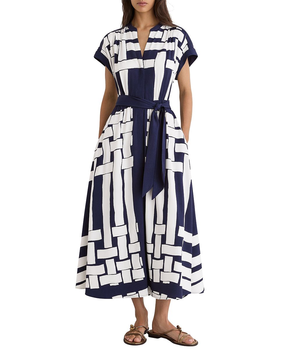 REISS Women's Samira A-Line Short-Sleeve Scarf-Print Midi Dress