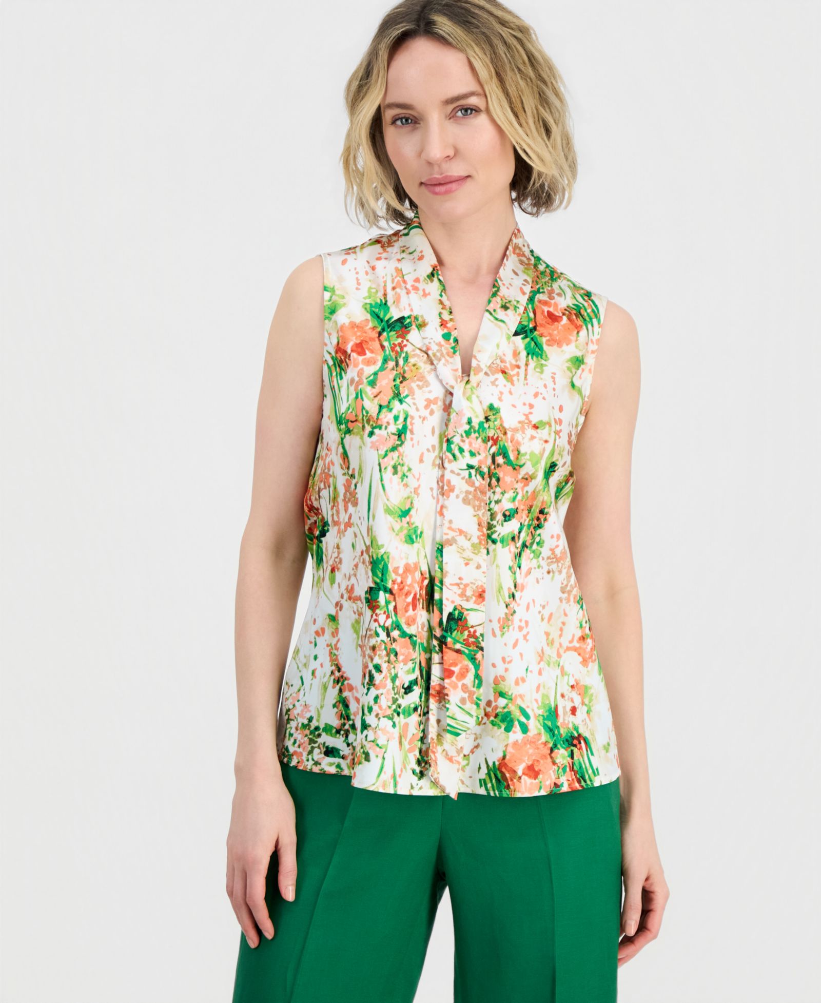 Kasper Petite Floral-Print Sleeveless Tie-Neck Top
