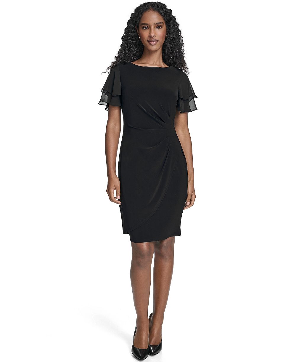 Jessica Howard Petite Flutter-Sleeve Tuck Faux Wrap Sheath Dress