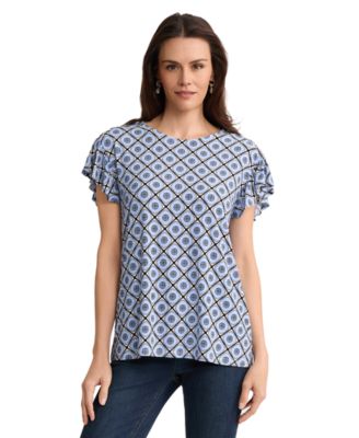 Женский топ Jones New York Petite с круглым вырезом и рюшами, короткий рукав
