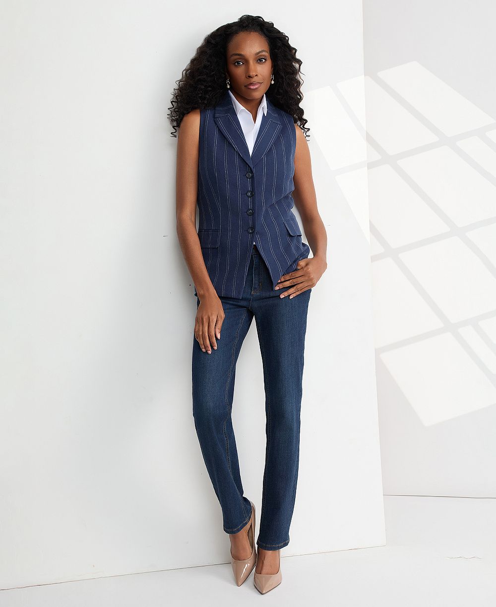 Jones New York Petite Double Pinstripe Peak Lapel Linen Collar Vest