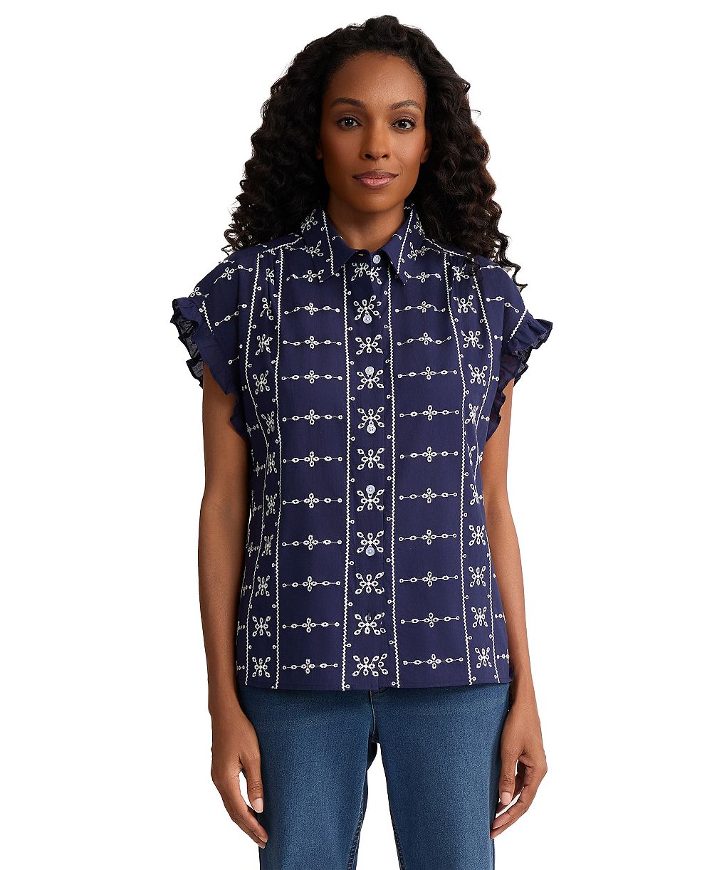 Jones New York Petite Collared Button-Front Flutter Short-Sleeve Top