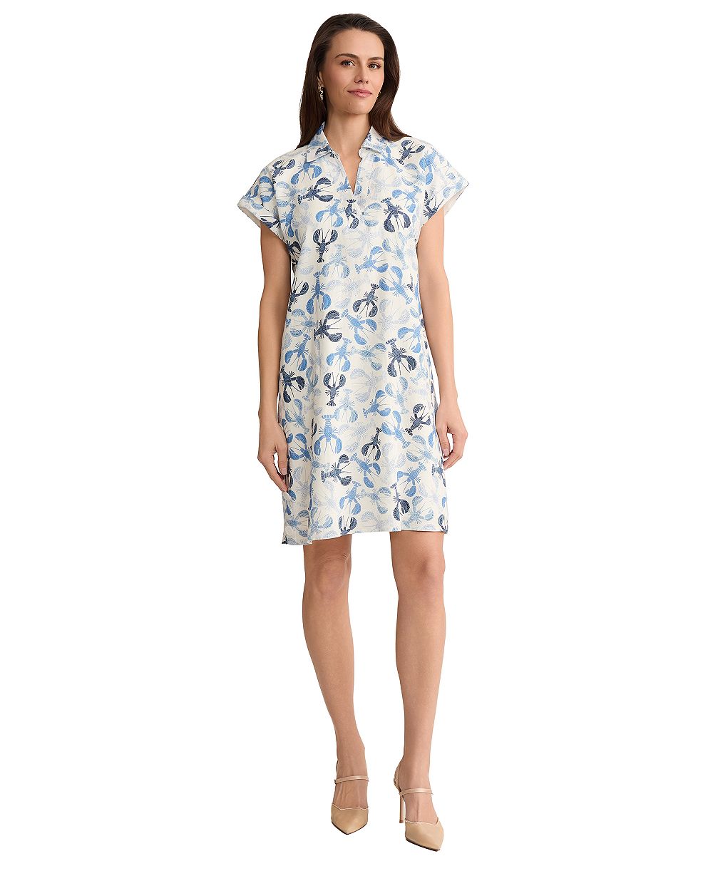 Jones New York Petite Short-Sleeve Collared V-Neck Linen Printed Dress