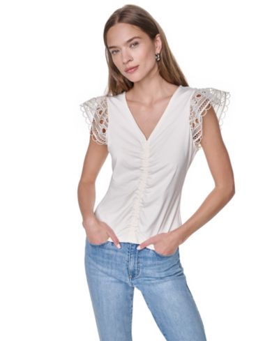 DKNY Женский топ с V-образным вырезом и кружевной отделкой