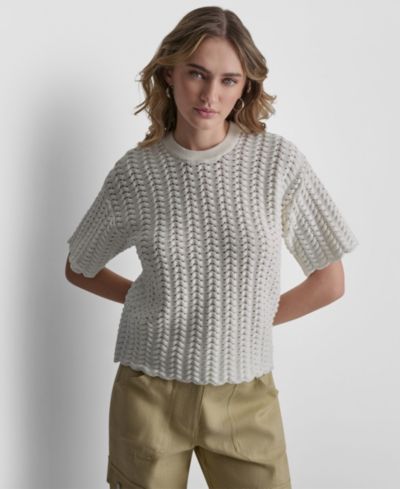 DKNY Женский джемпер с коротким рукавом и открытой сетчатой вязкой