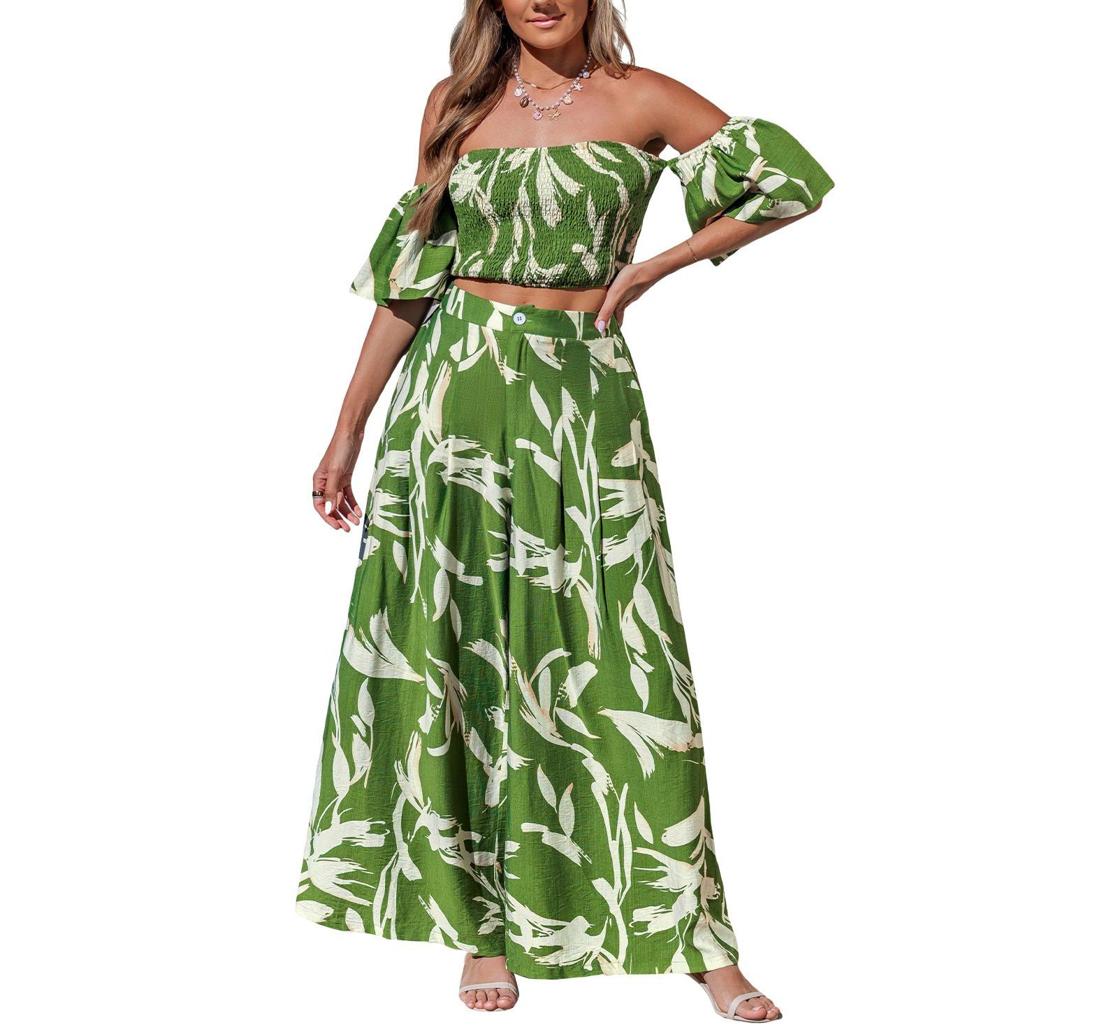 Cupshe Women's Smocked Off-The-Shoulder Wide-Leg Matching Sets