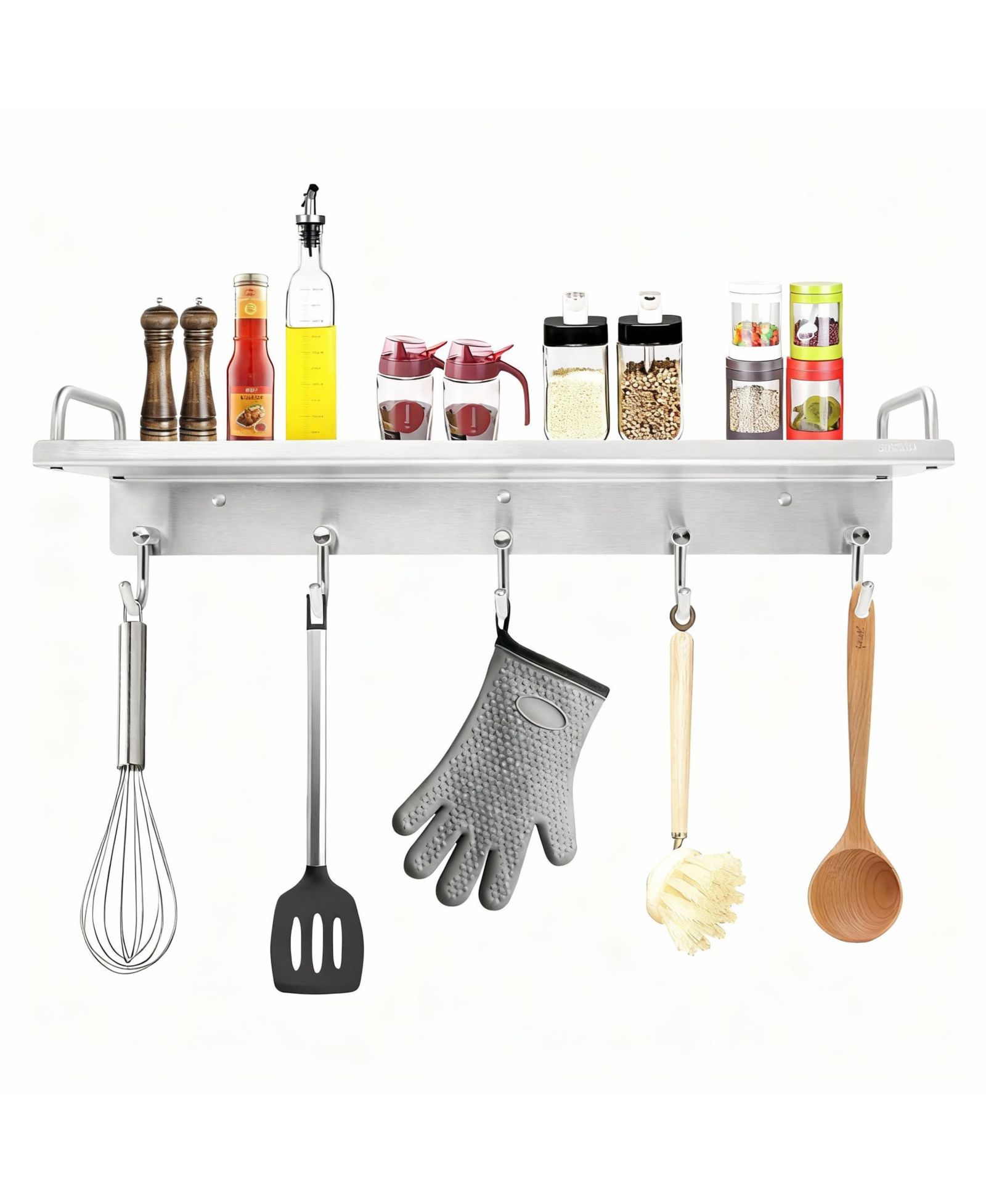YIGII Stainless Steel Wall-Mounted Spice Rack with 6 Hooks