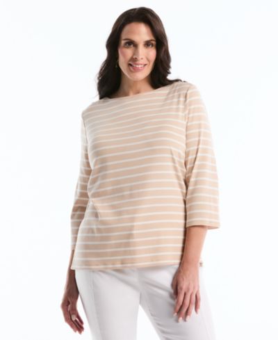 Женская блузка Rafaella Plus Size Stripe Boat Neck 3/4-Length Sleeve