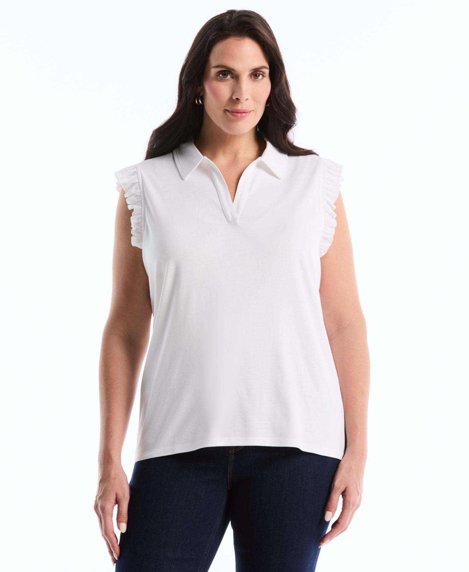 Rafaella Plus Size Ruffle Sleeveless Collared Polo T-Shirt
