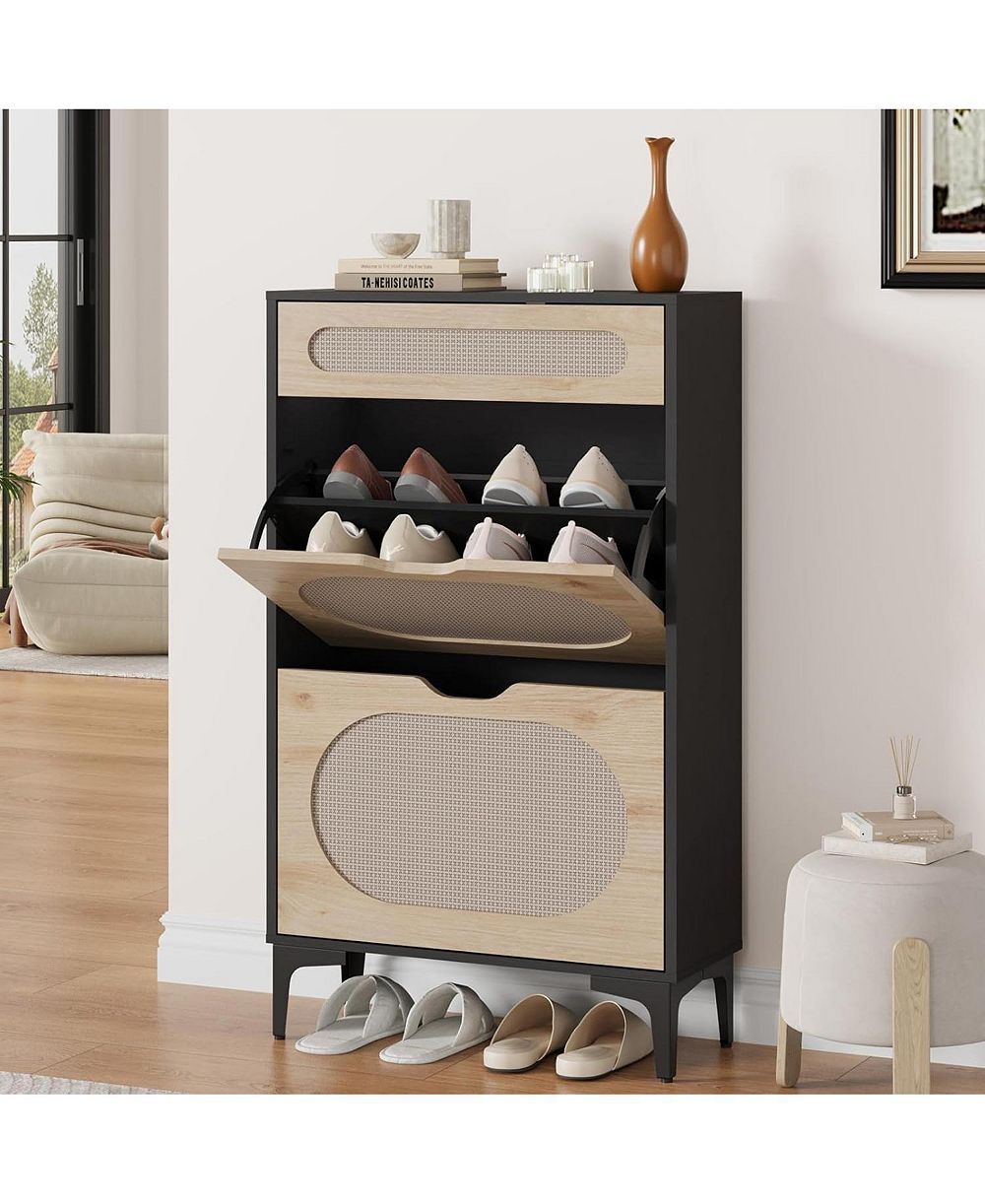 gaomon Shoe Cabinet with 2 Flip Drawers and 1 Pull-Out Drawer, Free Stand Shoe Storage Cabinet, 3 Adjustable Shelf, Narrow Shoe Cabinet