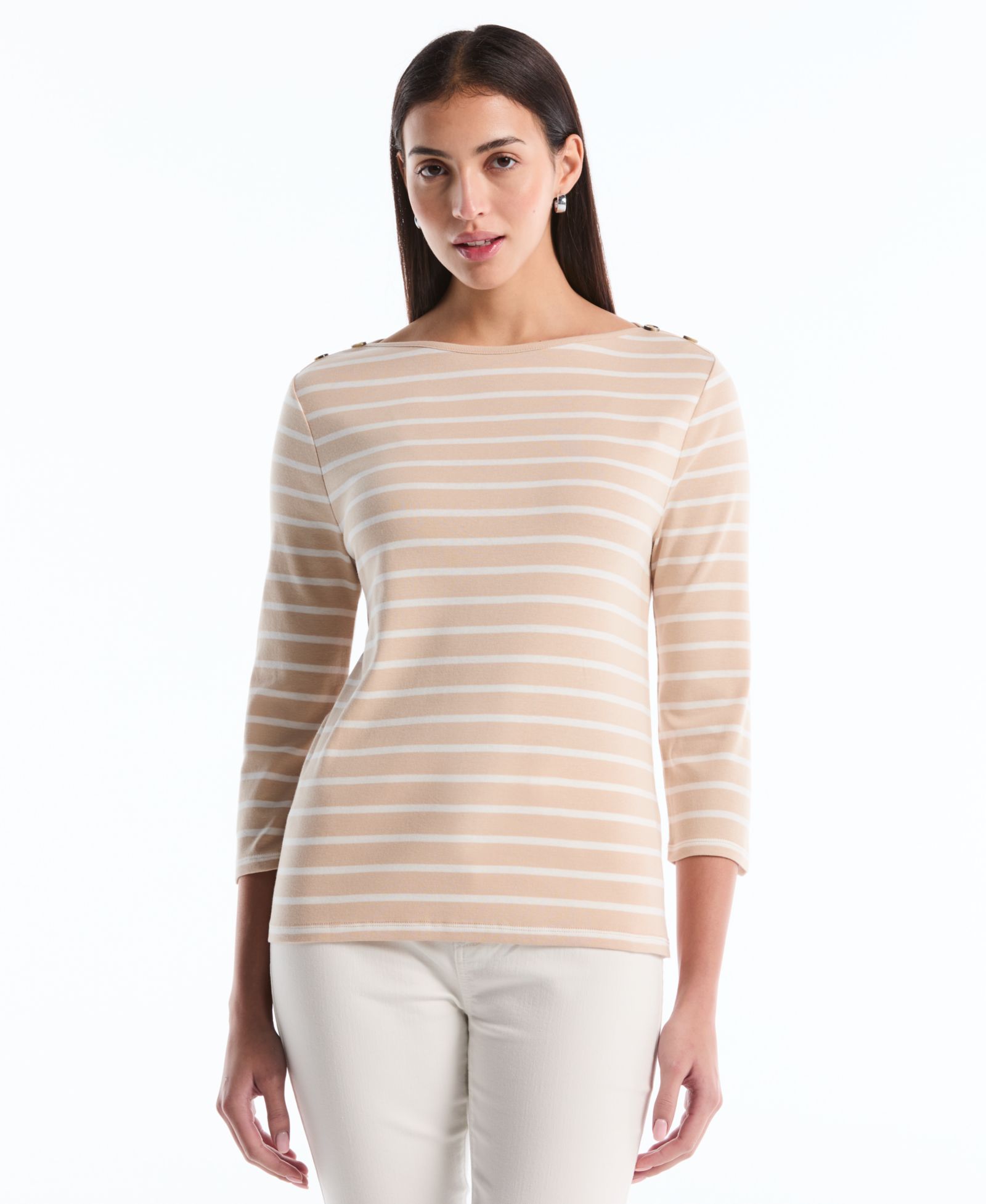 Rafaella Petite Stripe Button Detail Boat Neck Top