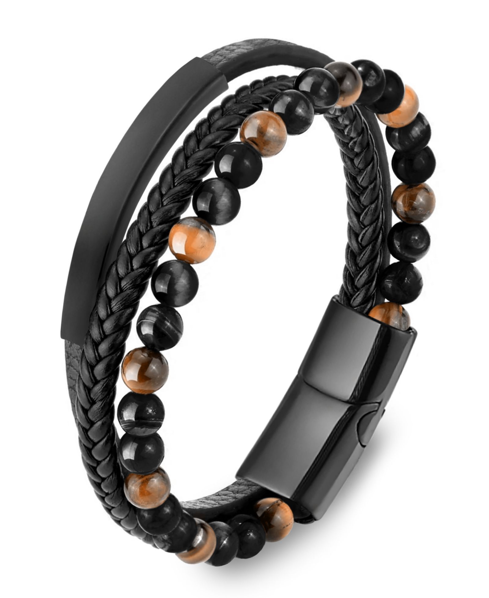Rhona Sutton Мужской кожаный браслет Varen Cuff с тигровым глазом из нержавеющей стали