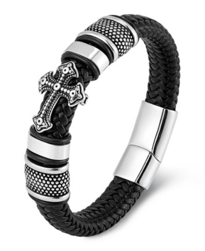 Rhona Sutton Men's Iron Crest Leather Bracelet in Stainless Steel