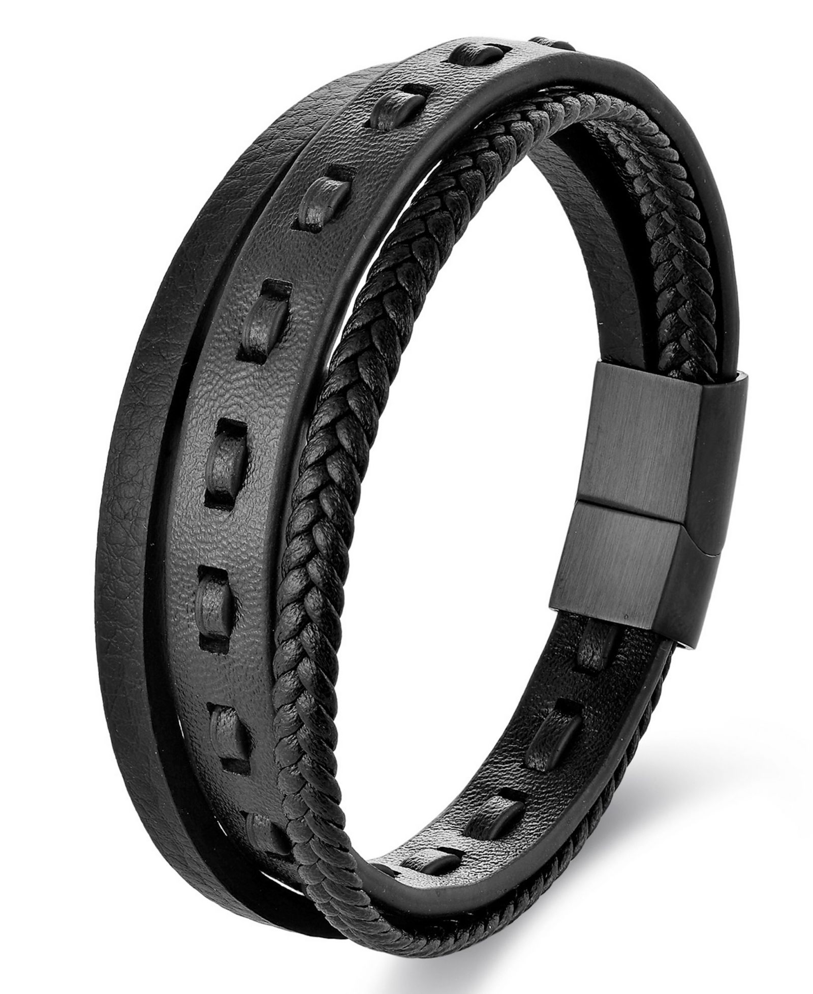 Браслет Rhona Sutton Men's Obsidian Leather & Stainless Steel