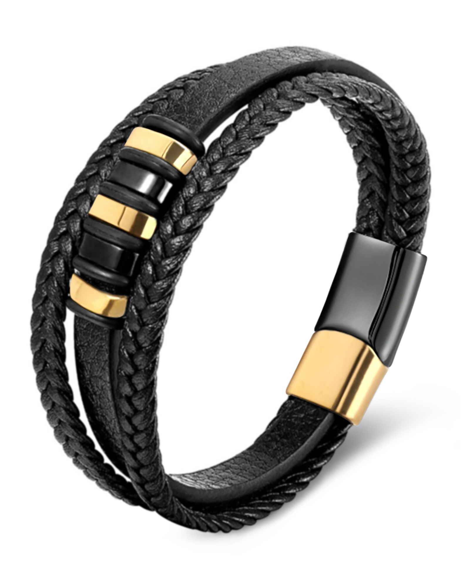 Rhona Sutton Men's Cuff Gold Plated Leather Bracelet in Stainless Steel