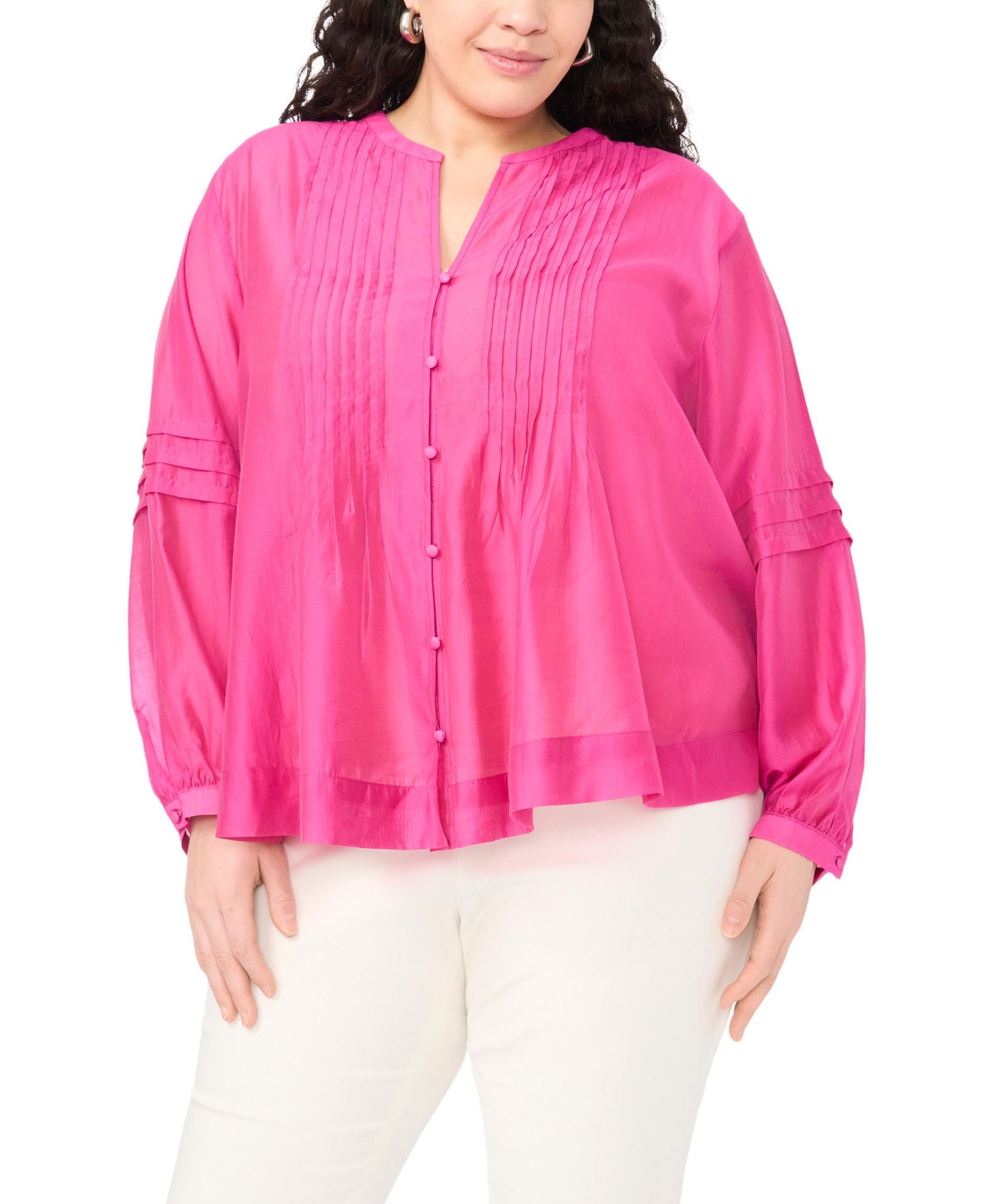 Vince Camuto Plus Size Stand Collar Front Shoulder Pleats Button-Down Top