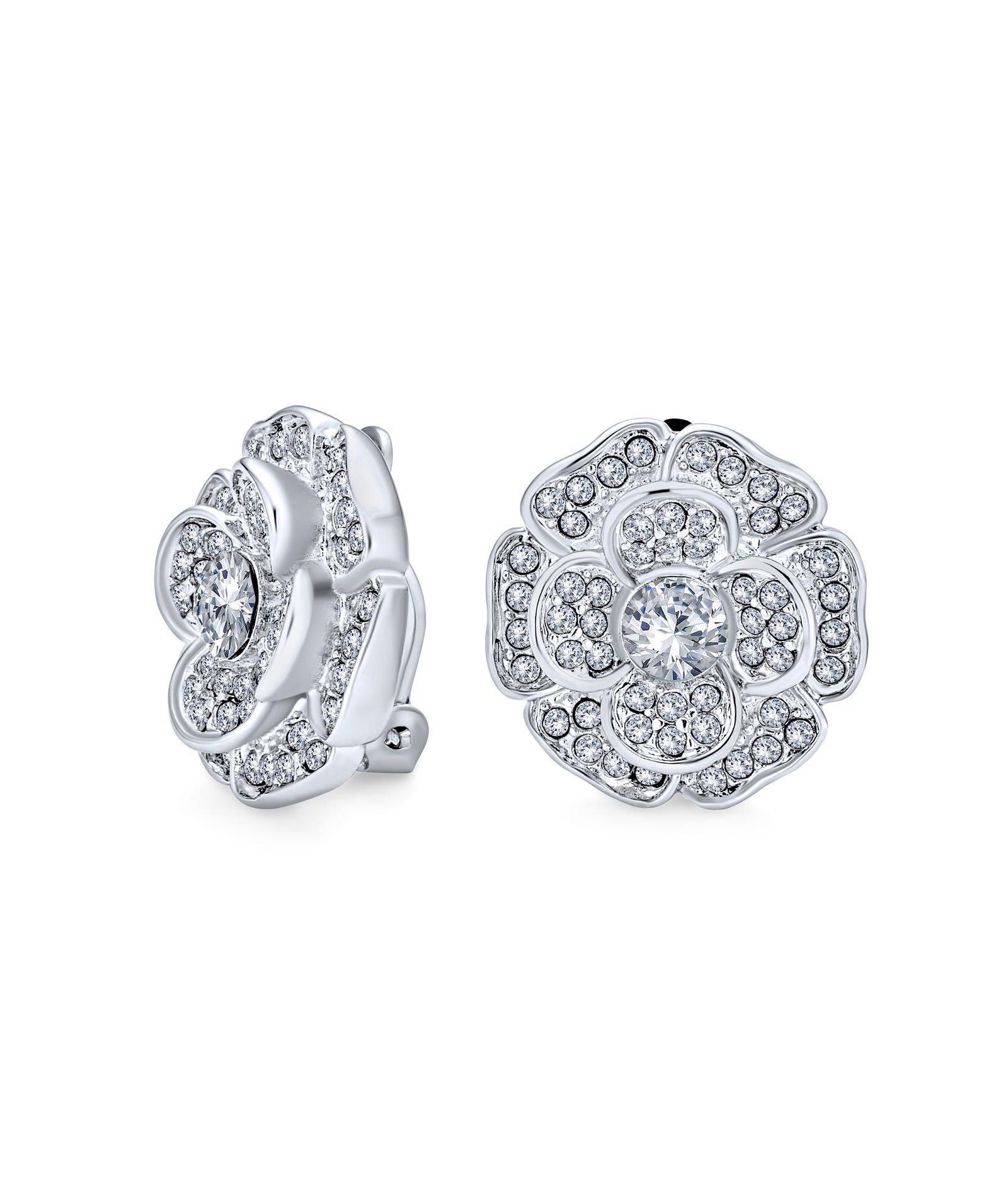 Серьги-клипсы Bling Jewelry Cubic Zirconia Pave CZ 3D Statement Rose Flower Shape