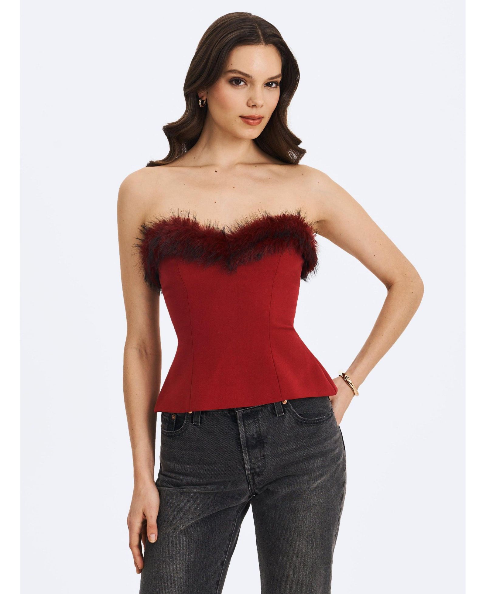 Miss Circle Women's Ivette Crimson Fur-Trimmed Peplum Top