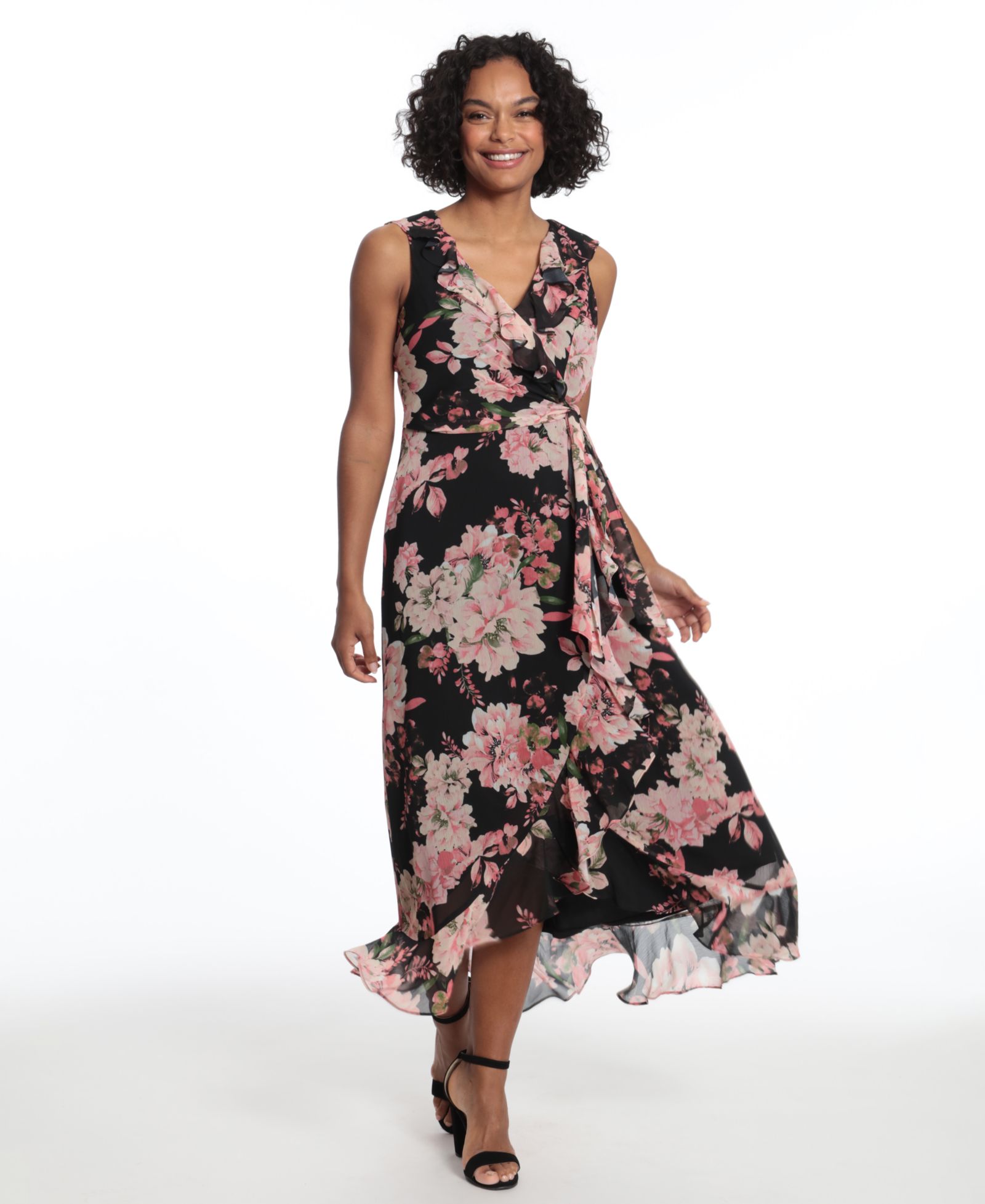 London Times Women's Side Tie Ruffle Wrap V-Neck Dress