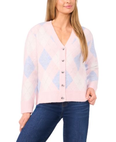 CeCe Women's Argyle Long-Sleeve V-Neck Cardigan Sweater