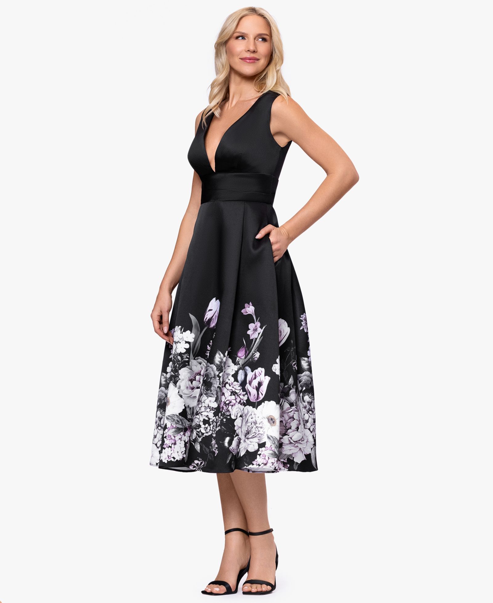 Платье миди Betsy & Adam Women's Floral Border с V-образным вырезом