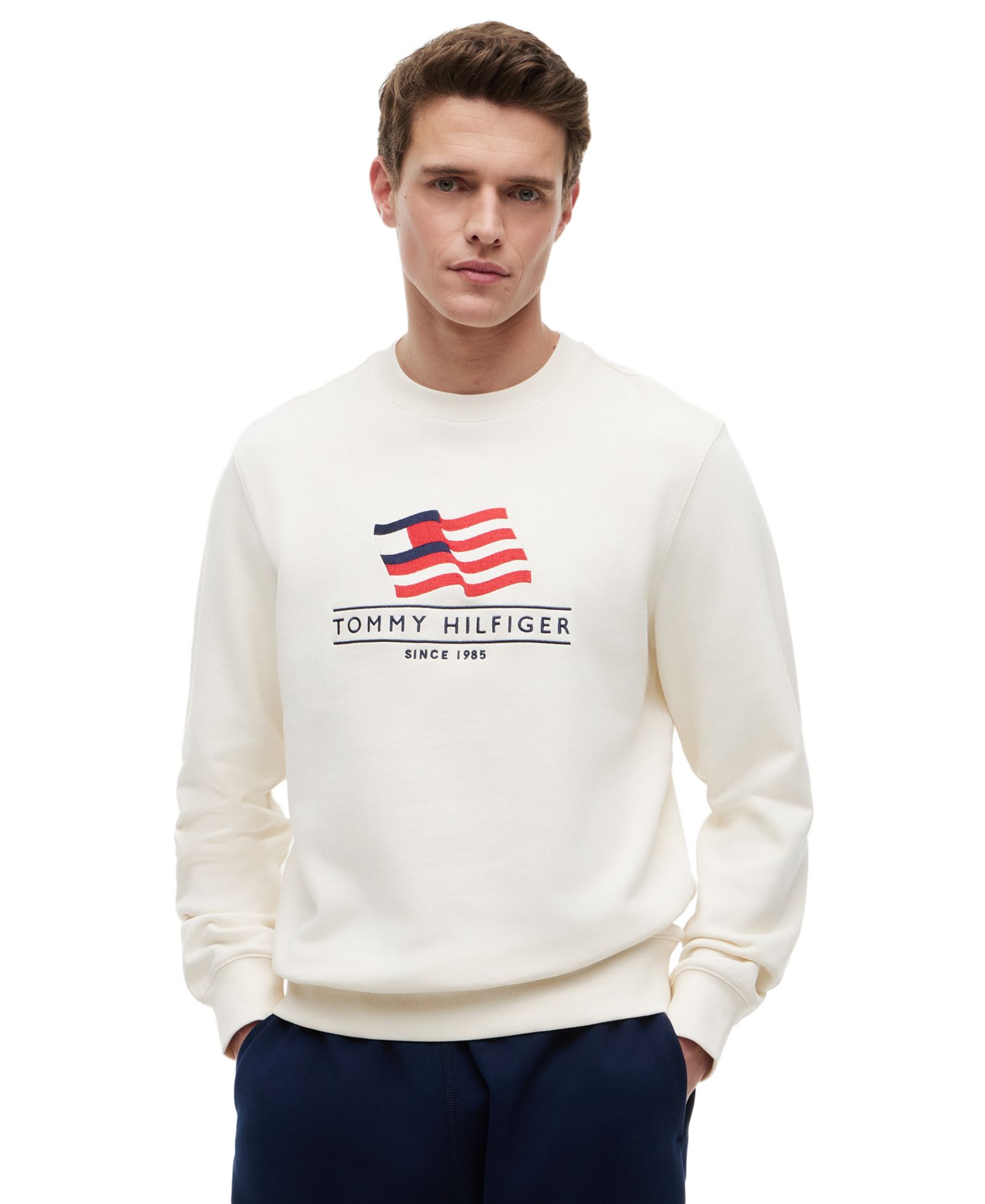 Tommy Hilfiger Men's Red, White, and Blue Americana Main Flag Terry Crewneck Sweatshirt