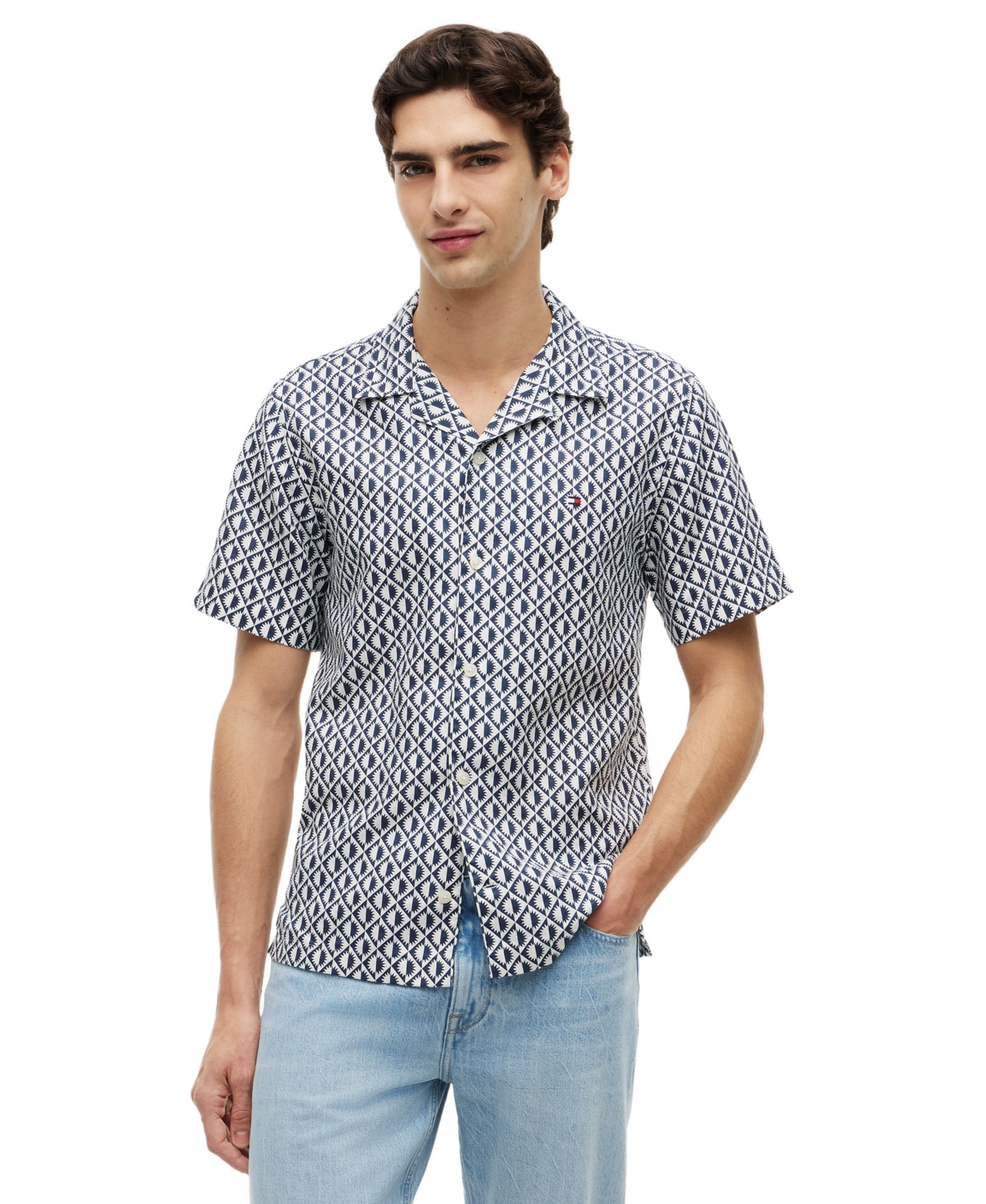 Tommy Hilfiger Men's Linen Blend Camp Collar All-Over Print Short-Sleeve Shirt