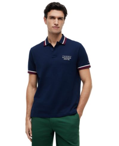 Мужская рубашка-поло Tommy Hilfiger Regular-Fit с полоской на воротнике и манжетах (красный, белый, синий)