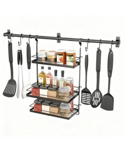 YIGII 3-In-1 Wall Organizer: Spice Shelves, Utensil Hanger, Towel Bar