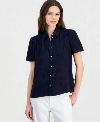Женская рубашка Nautica Cotton Bobble-Trim Short-Sleeve