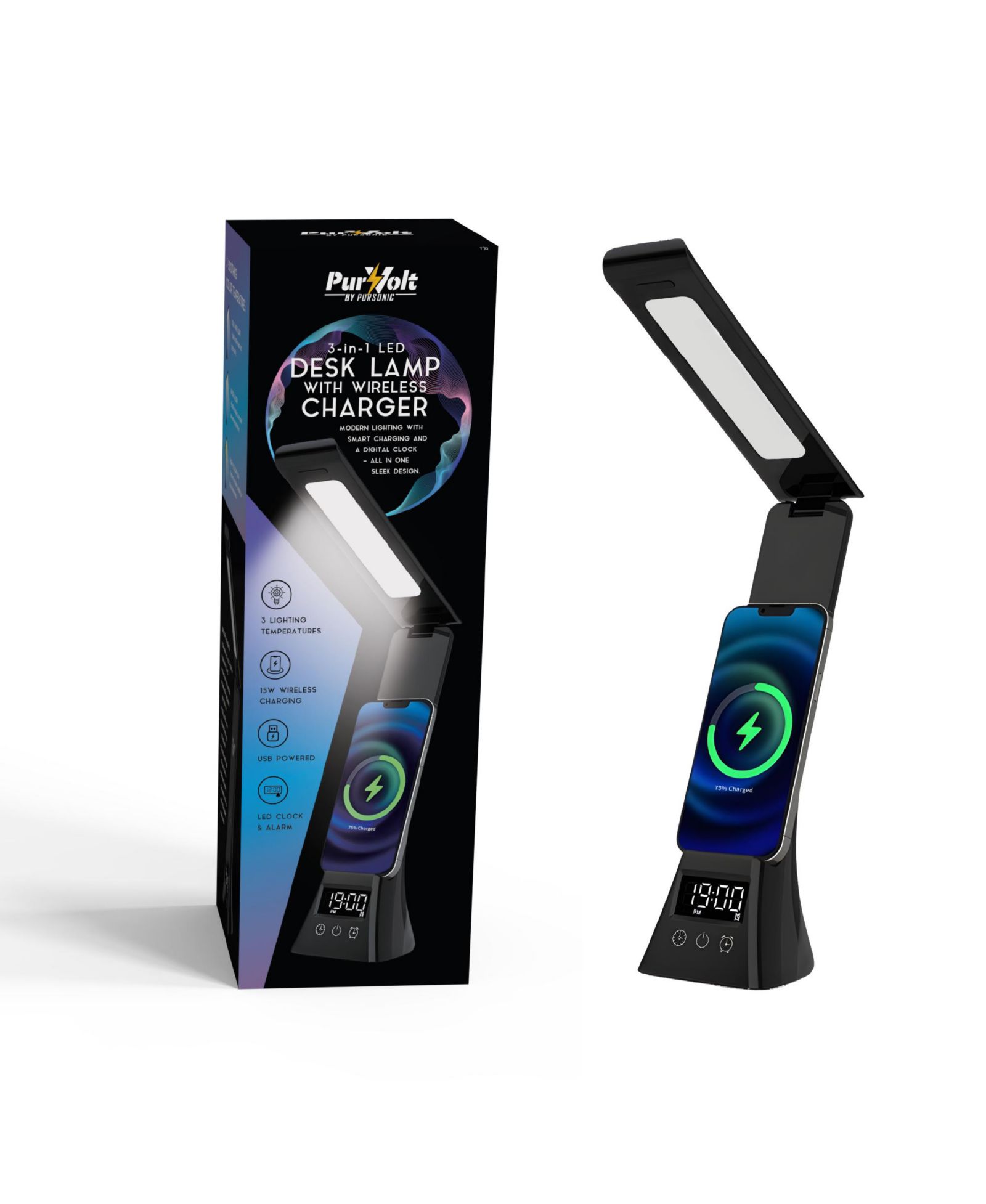 PURSONIC 3-in-1 LED Desk Lamp with Wireless Charger and Alarm Clock - Sleek, Smart, and Space-Saving.