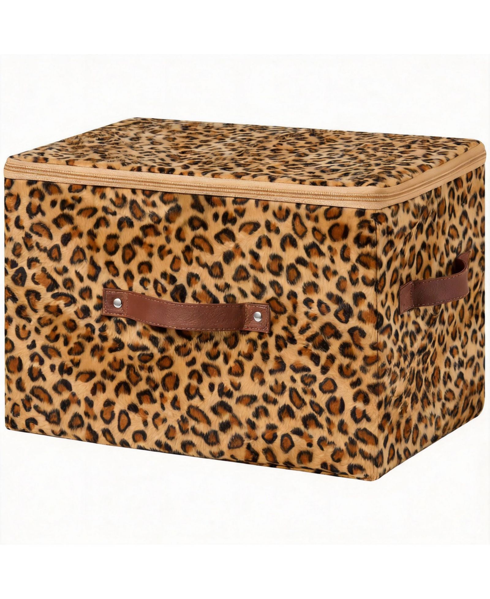 YIGII Leopard Print Storage Bin with Zipper Lid, PU Leather Handles, PP Plastic Board, Foldable, Washable,Large