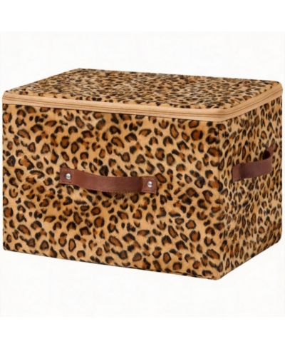 YIGII Leopard Print Storage Bin with Zipper Lid, PU Leather Handles, PP Plastic Board, Foldable, Washable,Large