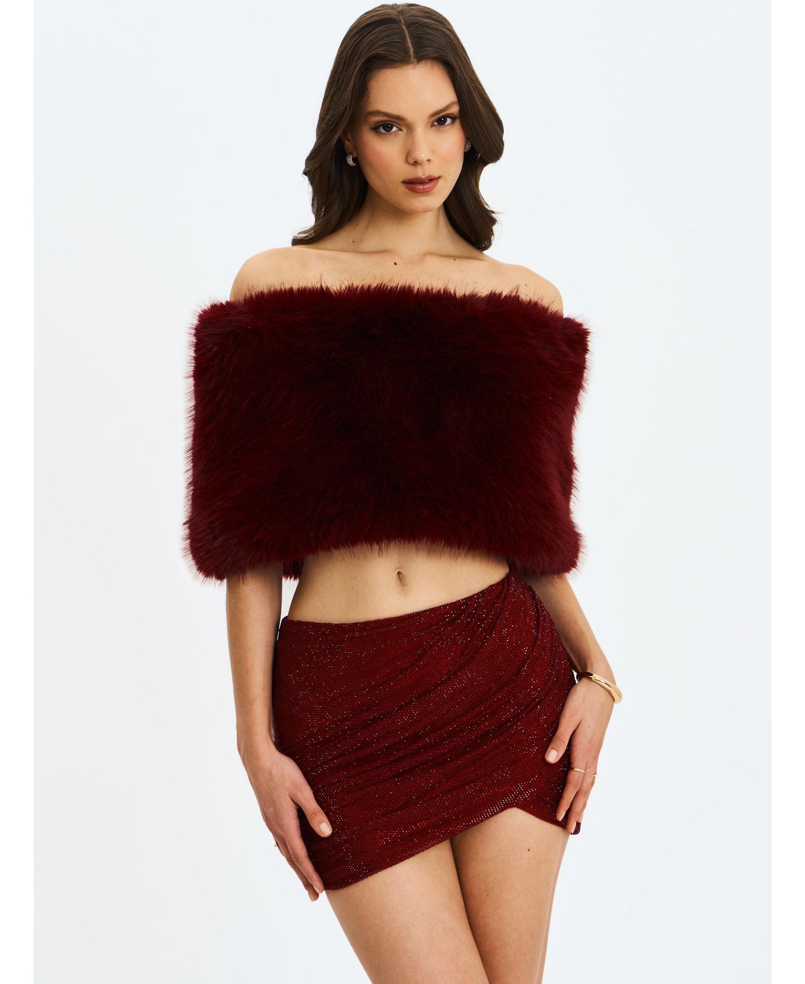 Miss Circle Women's Darla Burgundy Faux Fur Off-Shoulder Cropped Top