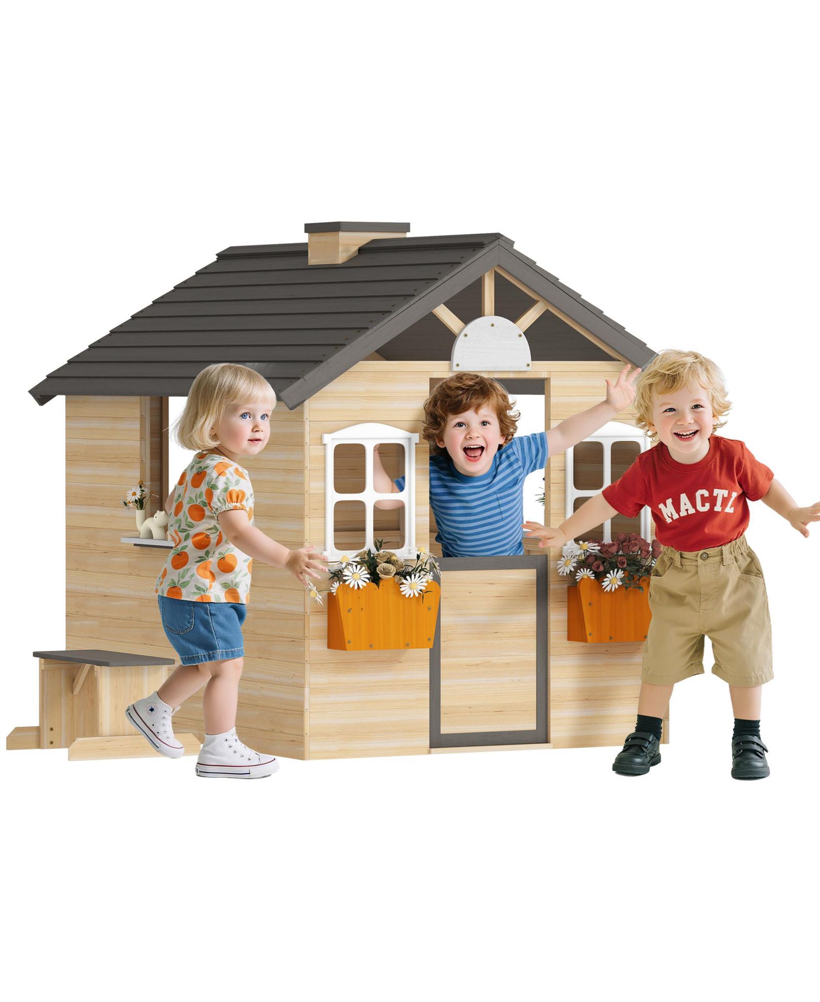 Hongge Outdoor Playhouse with Door, Windows & Bench, 44.5" W x 37" D x 53" H, Ages 3-7