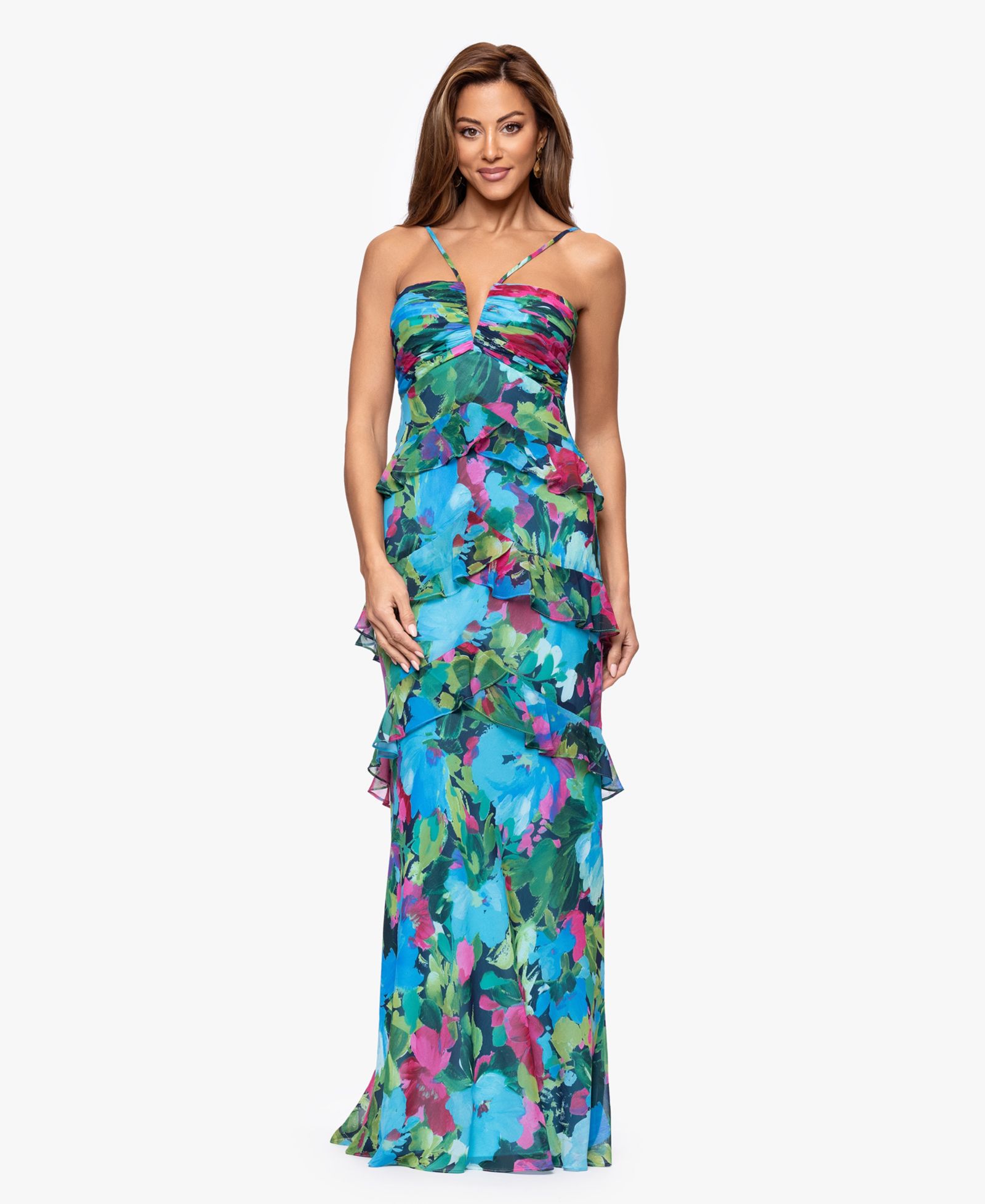 XSCAPE Women's V-Neck Tiered Gown