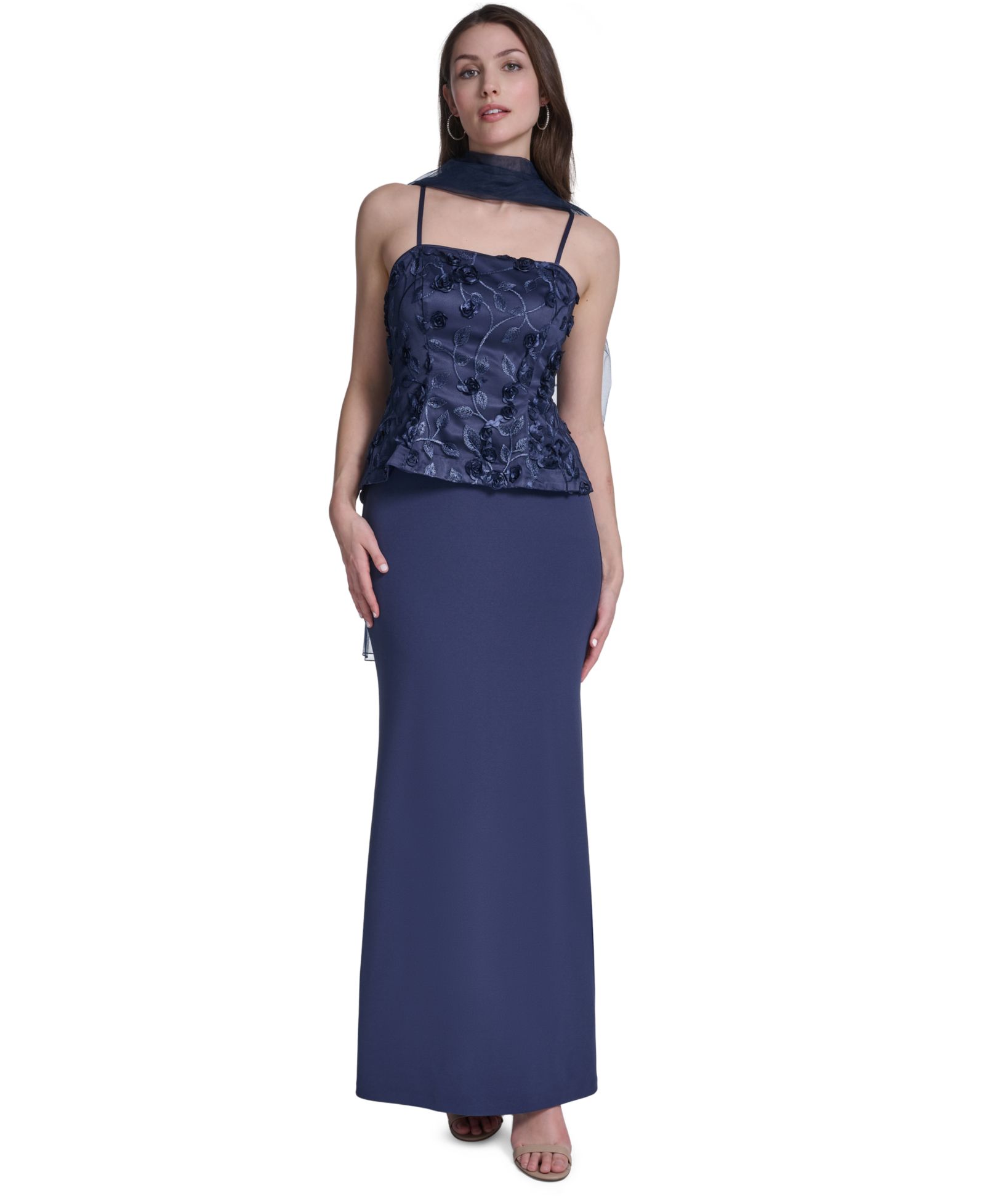 Eliza J Women's Spaghetti Strap Combo Overlay Top Mermaid Gown