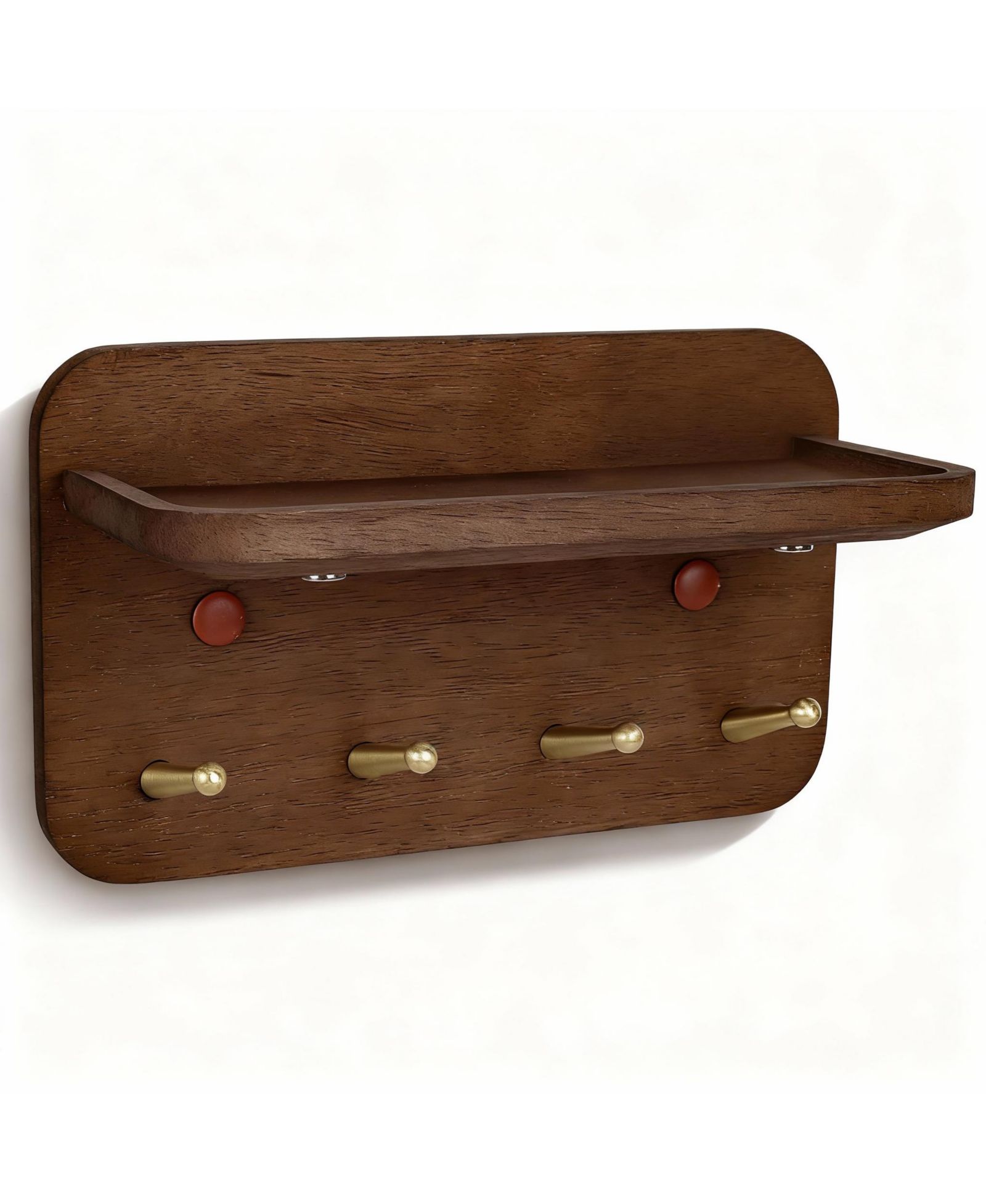 YIGII Solid Wood Key Holder with 4 Brass Hooks, Anti-Slip Groove, and 15° Incline