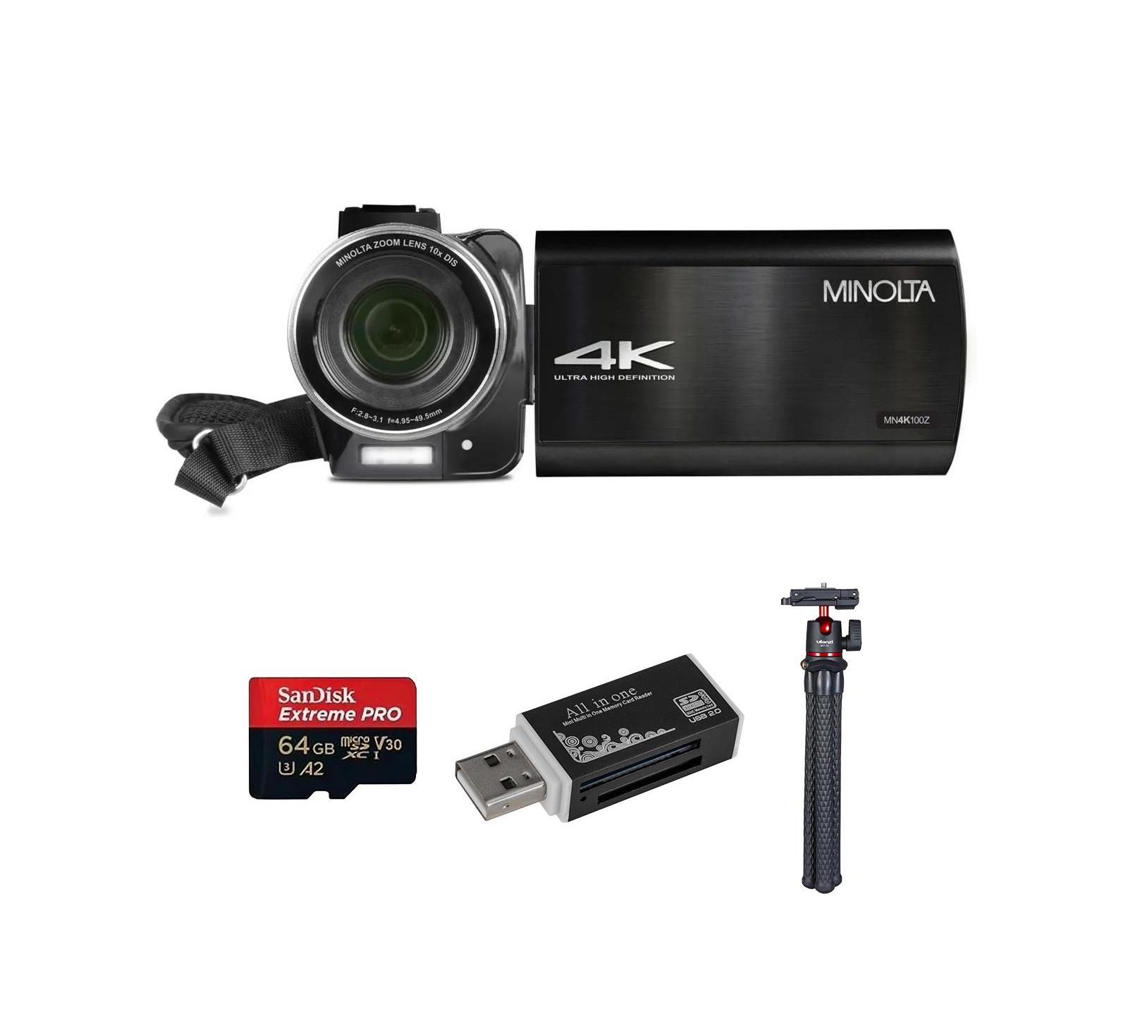 Видеокамера Minolta MN4K100Z 28 МП, 4K, 3.5" сенсорный экран, ночное видение, черный цвет, со штативом