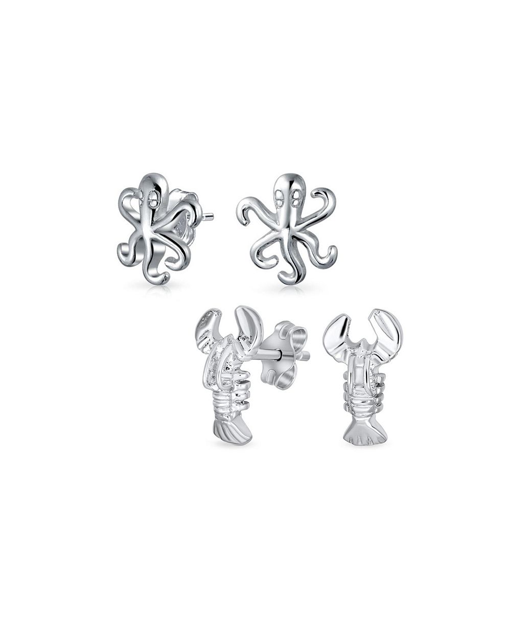 Bling Jewelry Nautical Sea Creature Squid Octopus Stud Earrings 925 Sterling Silver 2-Set