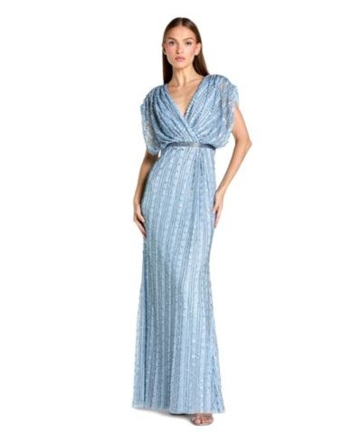 Mac Duggal Women's Beaded Mesh Blouson V Neck Column Gown