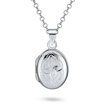 Bling Jewelry Silver Floral Photo Oval Locket Necklace