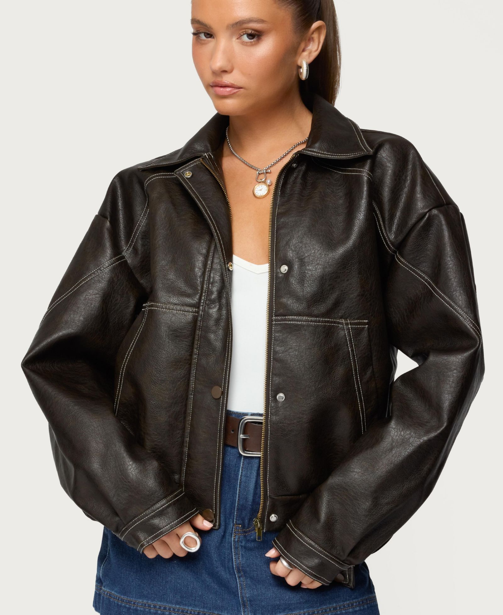 Edikted Women's Jaxson Oversized Faux Leather Bomber Jacket