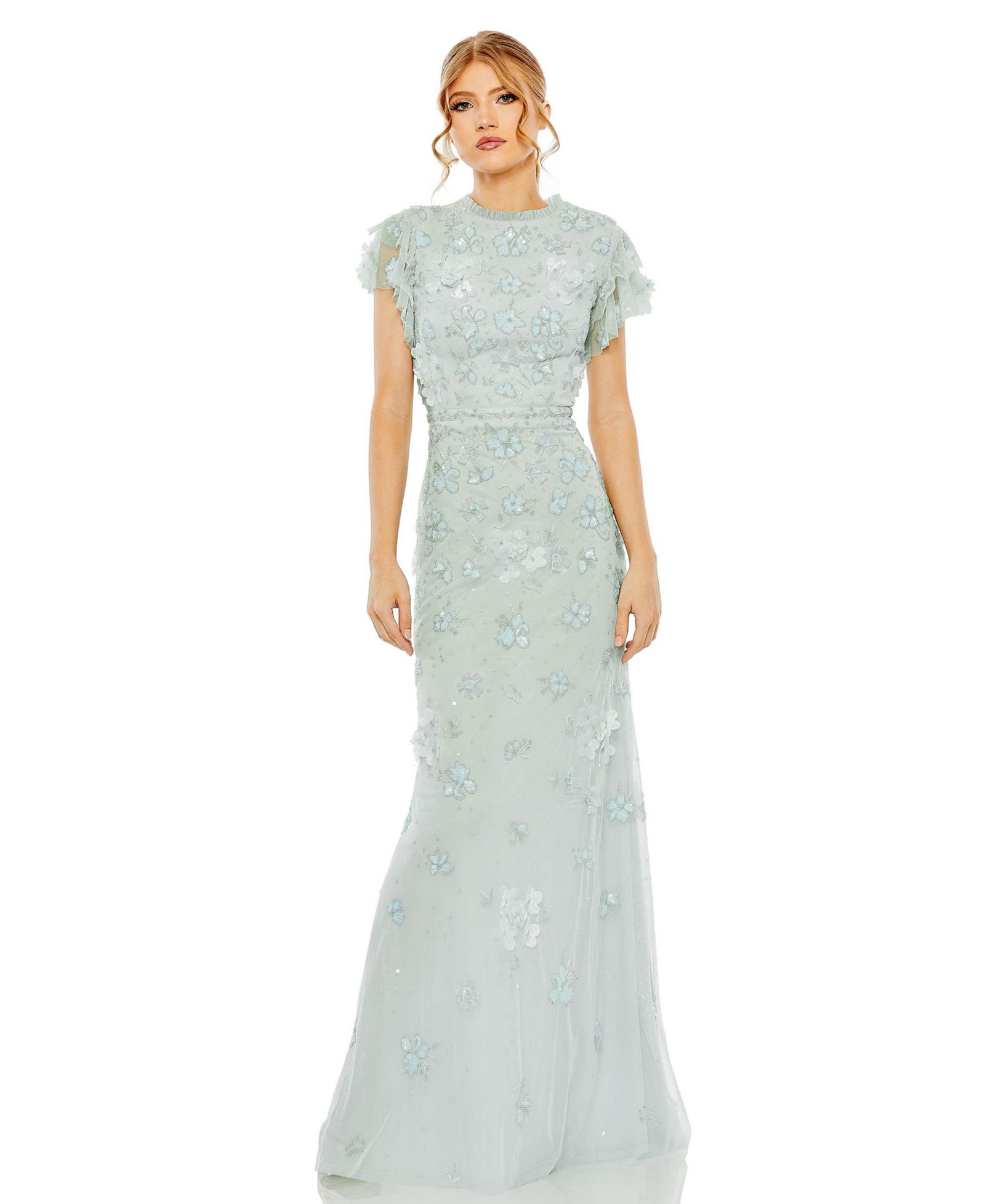 Mac Duggal Women's Floral Embellished High Neck Flutter Sleeve Gown