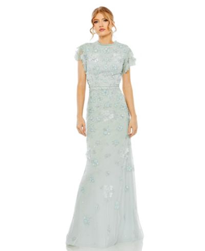 Mac Duggal Women's Floral Embellished High Neck Flutter Sleeve Gown