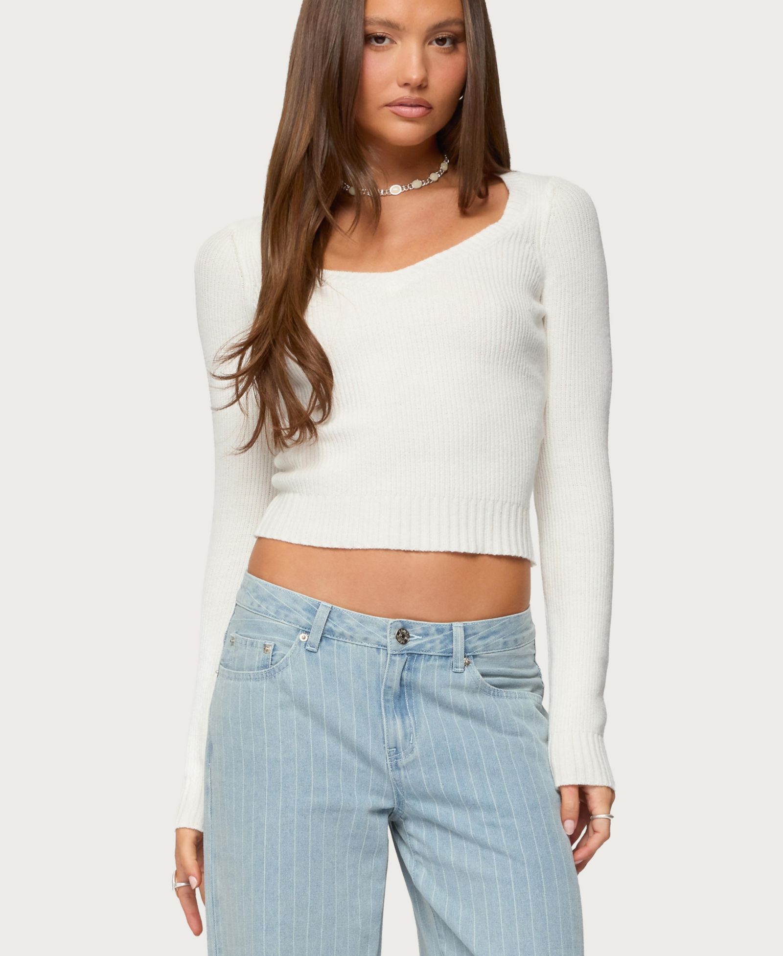 Edikted Women's Maliah Ribbed Knit V Neck Top