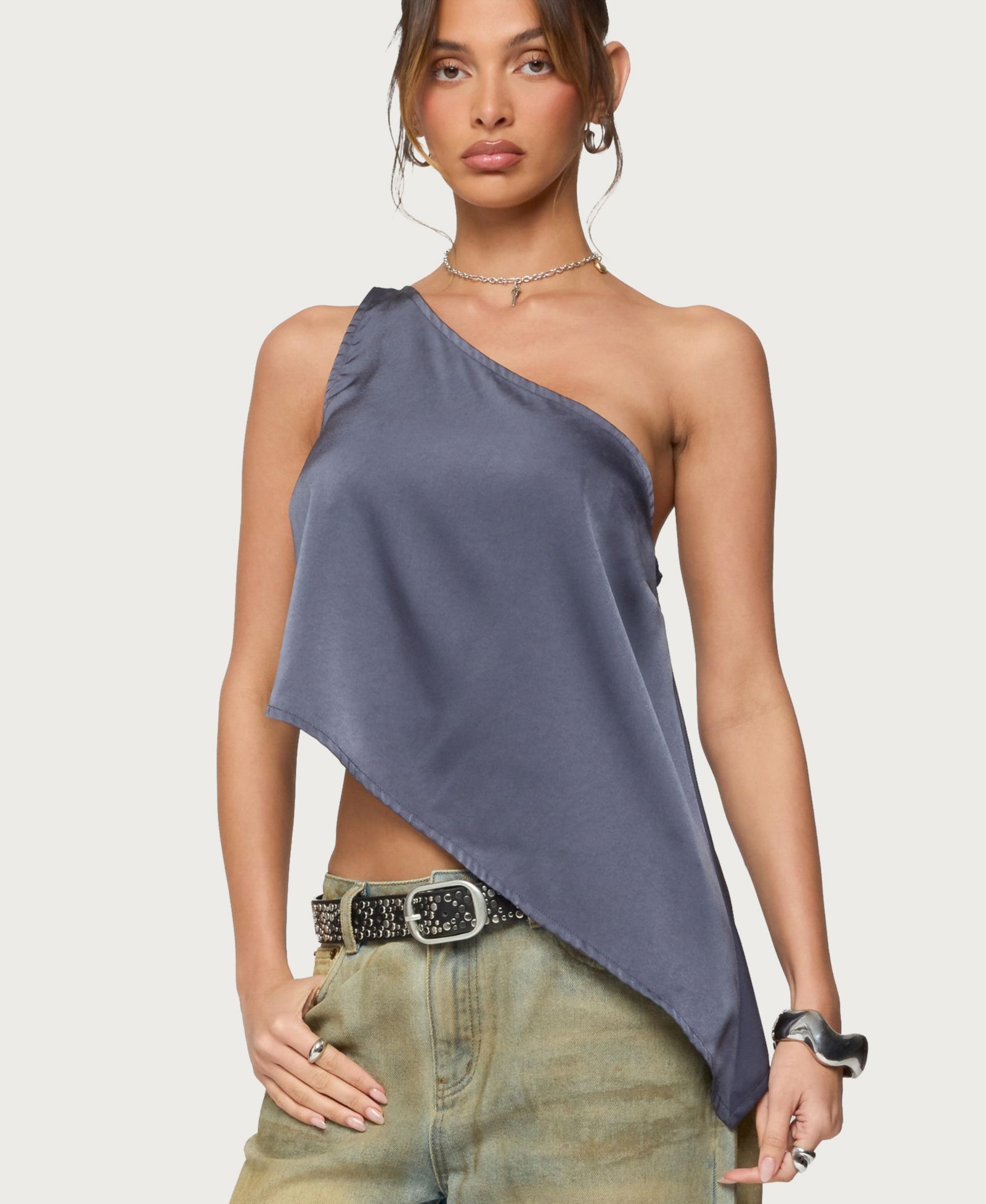 Edikted Women's Asymmetric Satin Effect One Shoulder Top