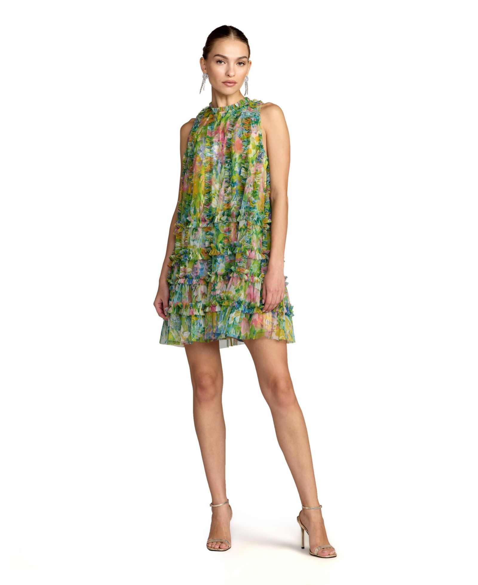 Mac Duggal Women's Sleeveless High Neck Printed Mesh Mini Dress