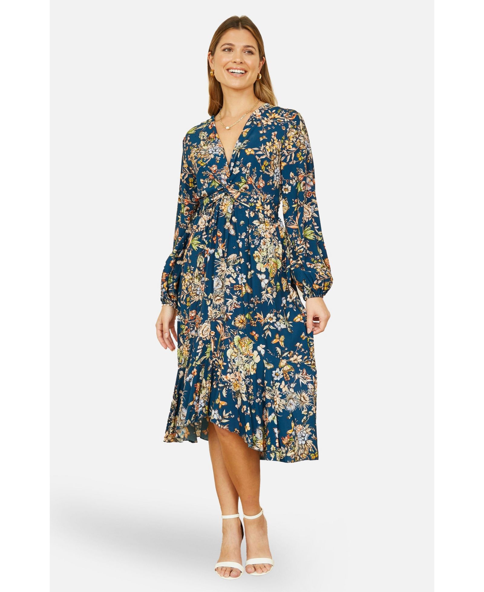 Женское миди-платье Yumi Tie Knot Front Long Sleeve